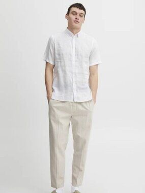 Casual Friday Men's 100% Linen Short Sleeve Button Down Shirt White Small